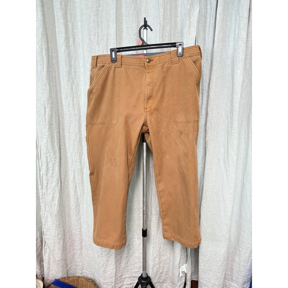 Coleman Mens Fleece Lined Canvas Work Pants Tan Brown Altered Short 40x22.5